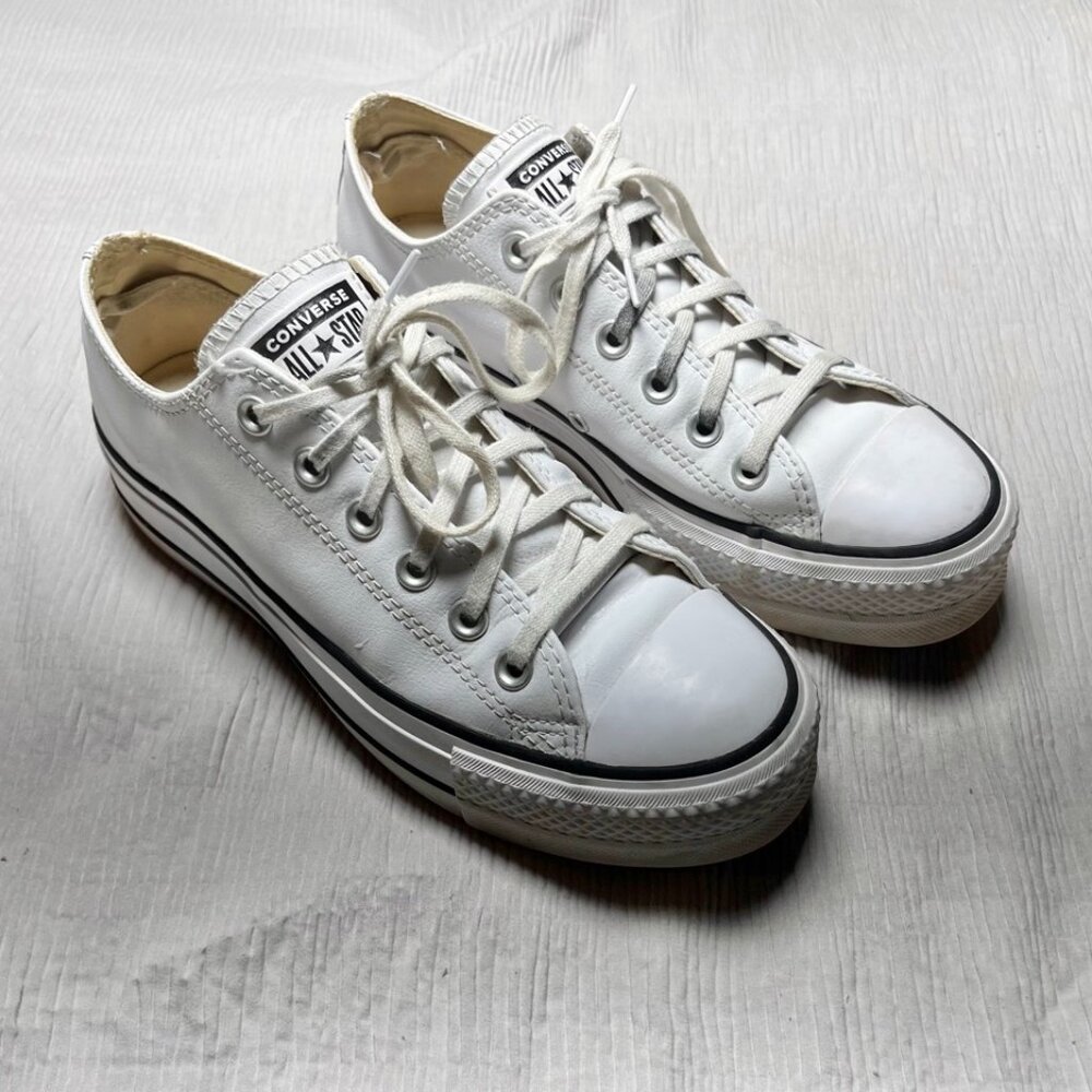 White Leather Low Top Converse Platform Sneakers